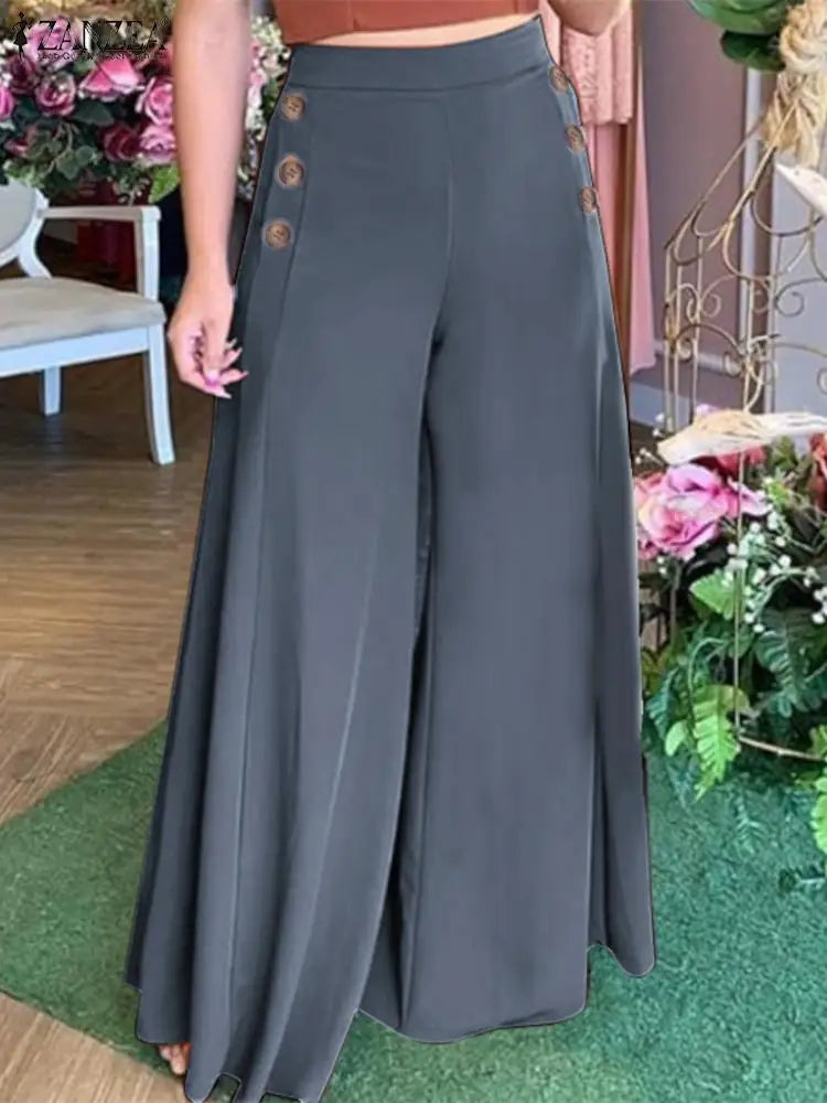 Women's high-waisted loose fit palazzo pants with elegant button detail for chic comfort