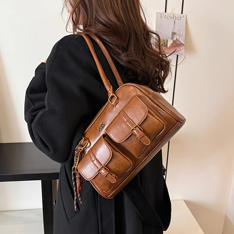 Katherine black vegan leather structured shoulder bag with chic silhouette and secure storage