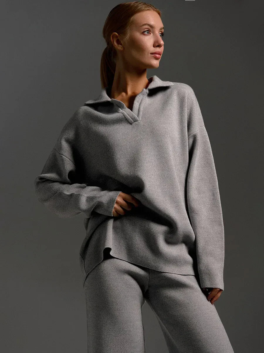 Beige knitted two-piece lounge set with long-sleeve polo top and wide-leg pants