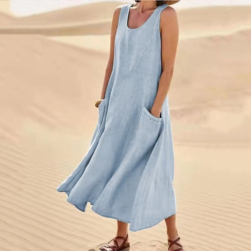 Beige cotton linen maxi sundress sleeveless loose fit with pockets lightweight breathable beach style