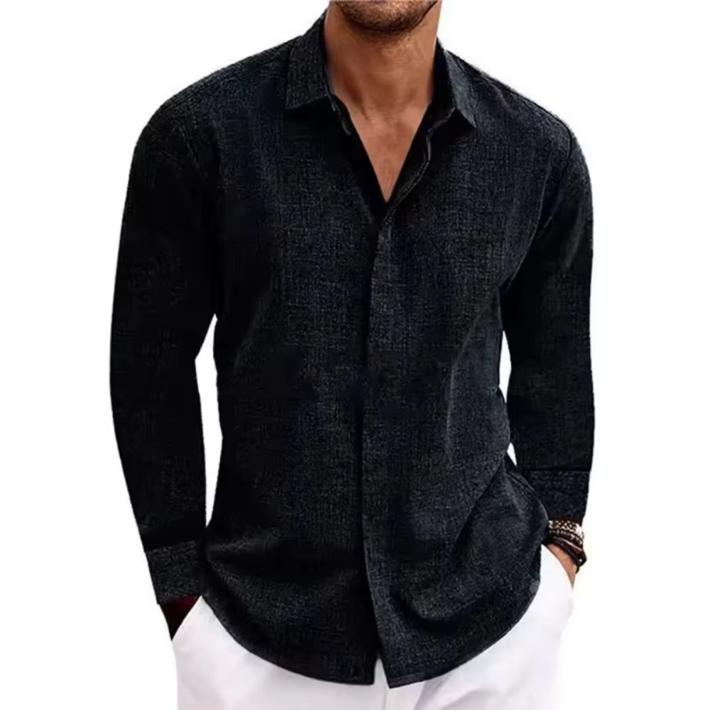Men's linen long sleeve button-down shirt with lapel collar, breathable casual solid color fit