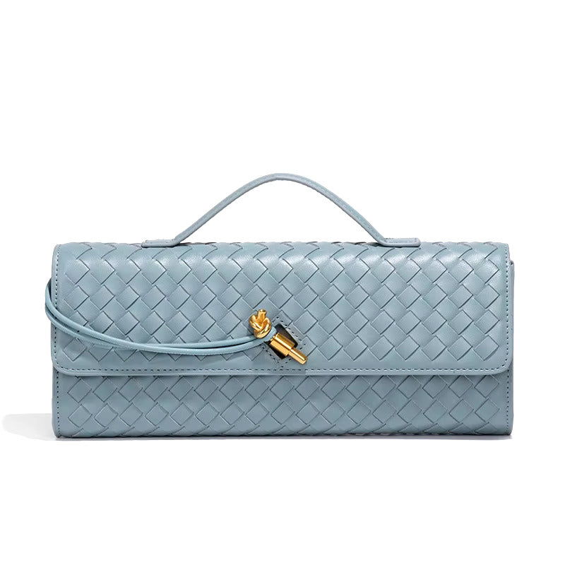 Women's woven clutch bag beige textured finish structured rectangular silhouette metallic twist lock top handle