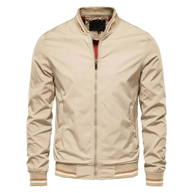 Men's olive green regular fit bomber jacket ribbed trim striped accents hip-length casual style