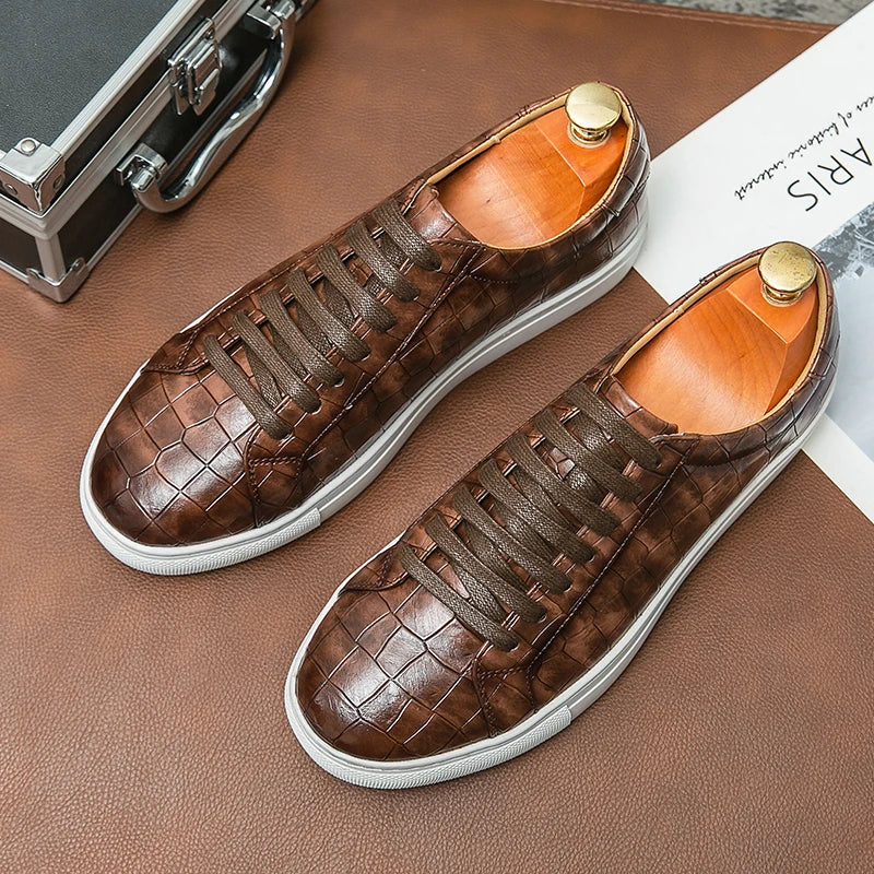 Men's white low-top sneaker plush synthetic leather upper with subtle alligator embossing