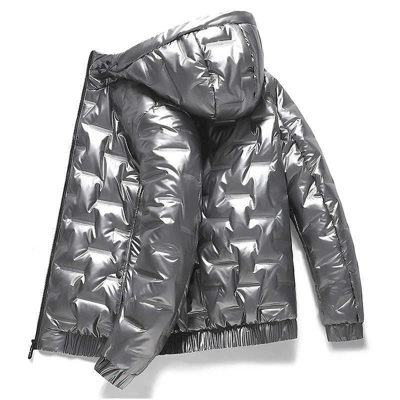 Men's black quilted ski puffer jacket with hood, modern urban silhouette for cold weather