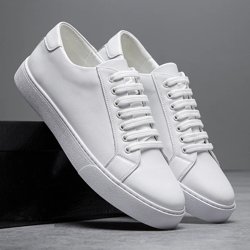 White minimalist genuine leather unisex sneakers with cushioned sole and plush faux suede lining