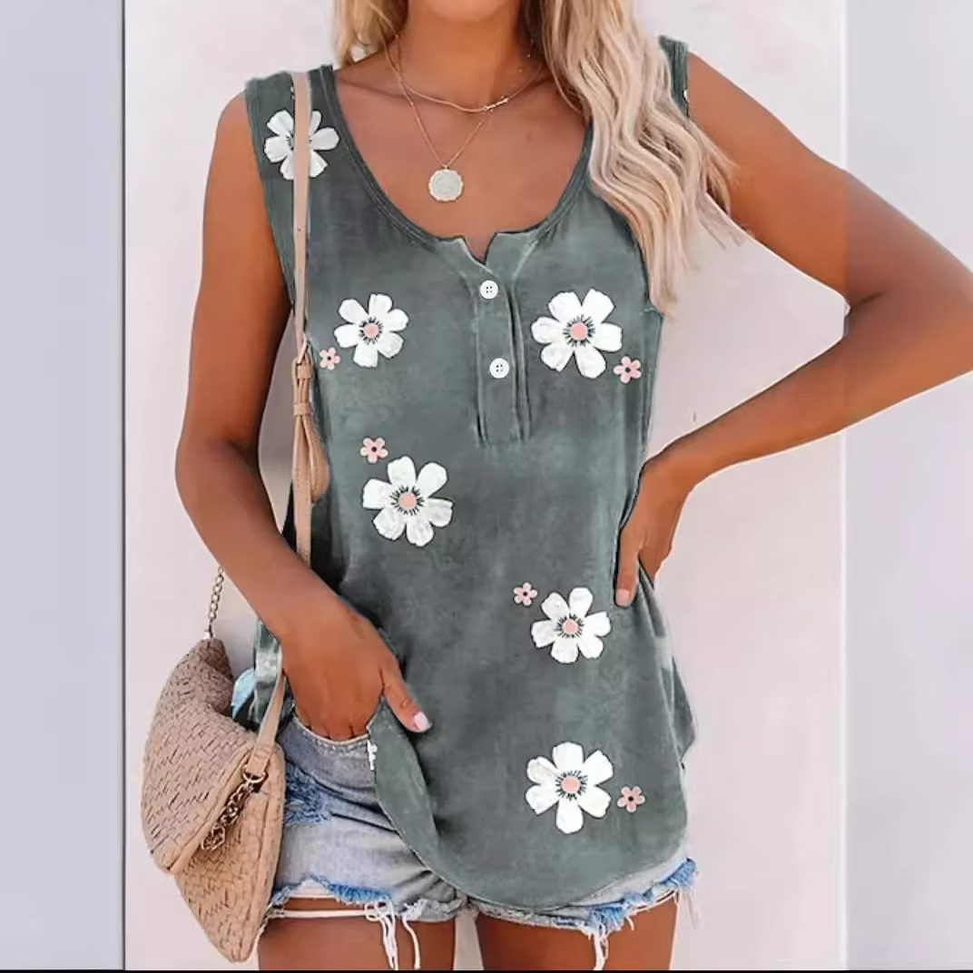 Floral print sleeveless women's vest, round neck casual chic top in soft breathable fabric