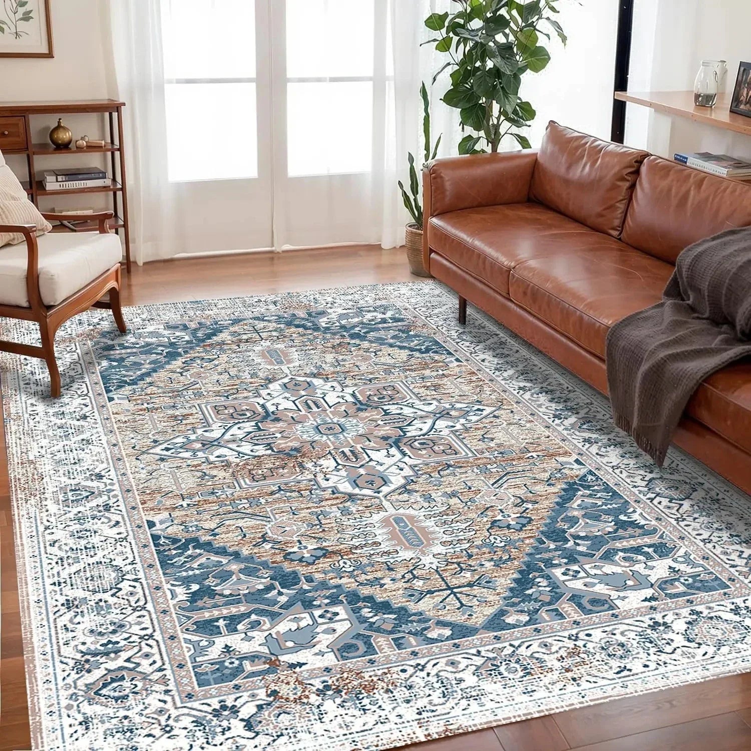 VIKAMA large bohemian living room rug non-slip backing easy-care colorful pattern floor mat