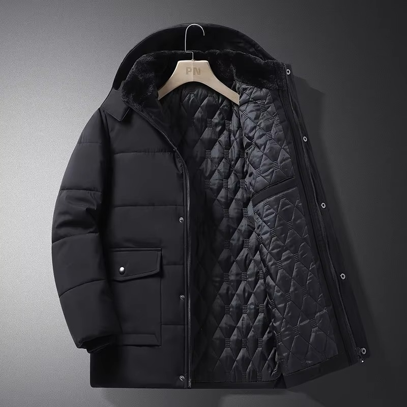 Men's dark insulated quilted fleece winter parka with adjustable hood for cold weather warmth