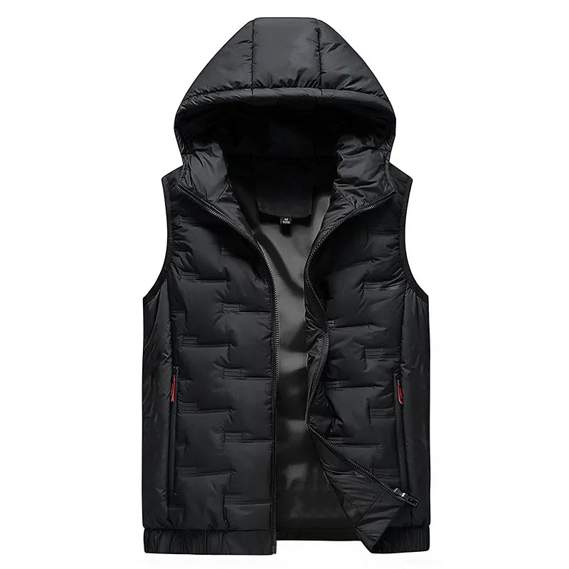 Black hooded down vest with embossed quilted blocks, lightweight urban tech-wear insulation style