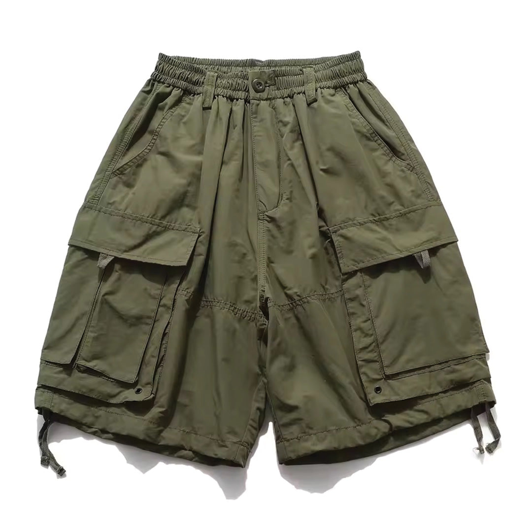 Men's olive ripstop pocket shorts featherweight elastic waistband adjustable hem drawstring active fit
