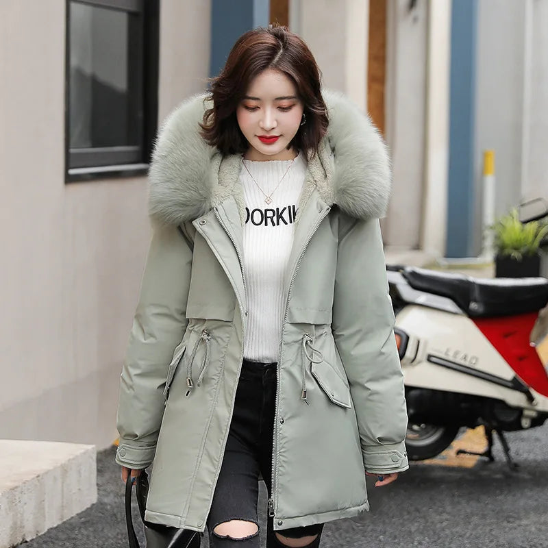Women's lined winter jacket with detachable fur collar hood, versatile cold-weather outerwear