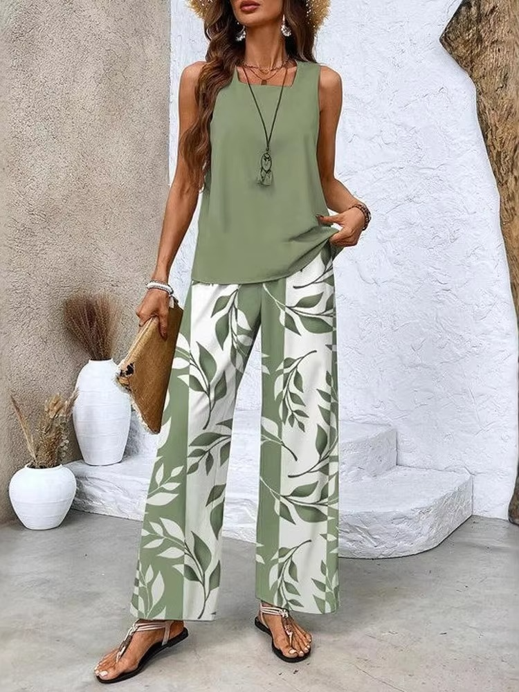 Women's digital print square collar vest and long trousers two-piece set pull-on relaxed fit
