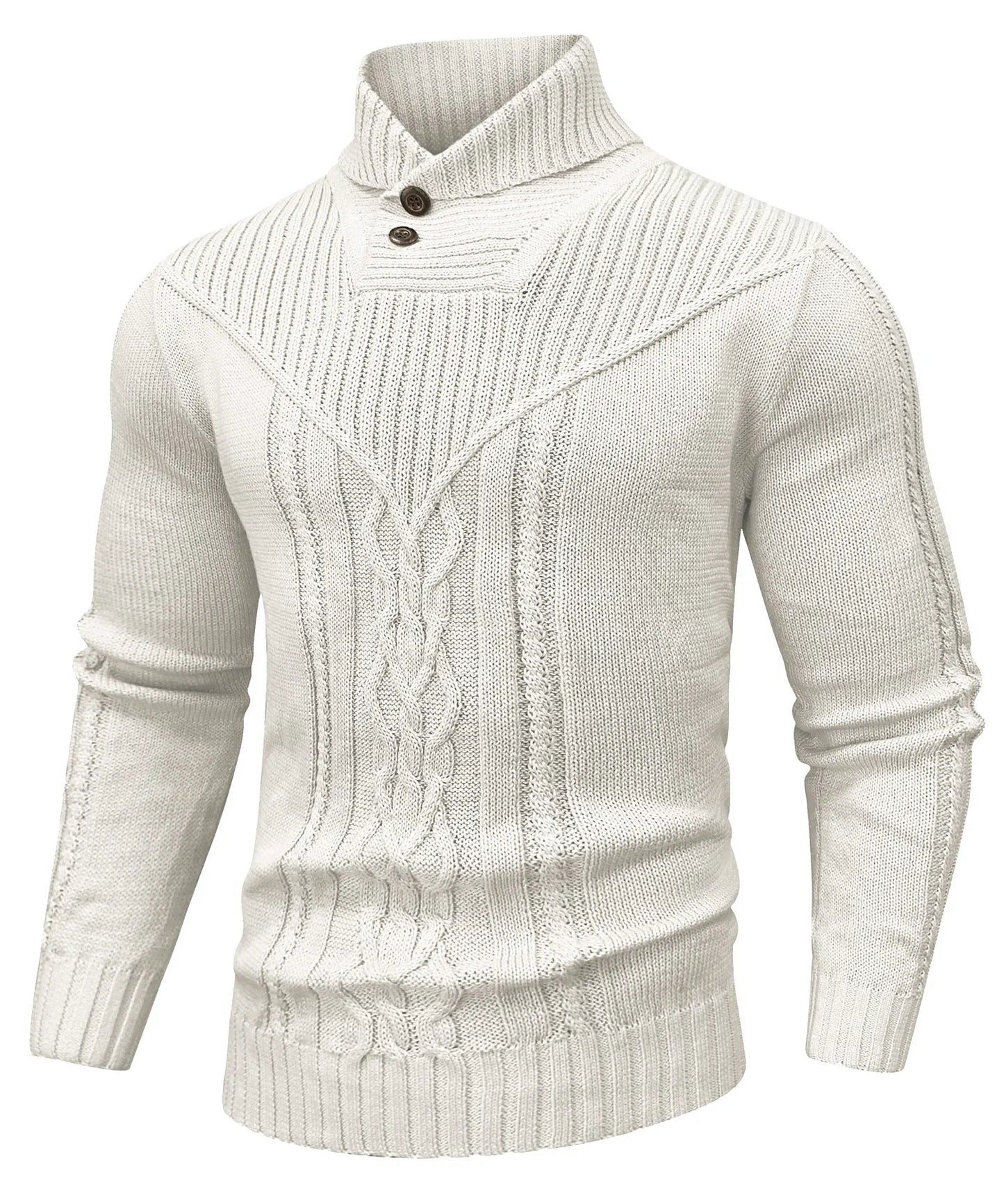Cream cable knit unisex sweater with high-neck ribbed collar and decorative button closure