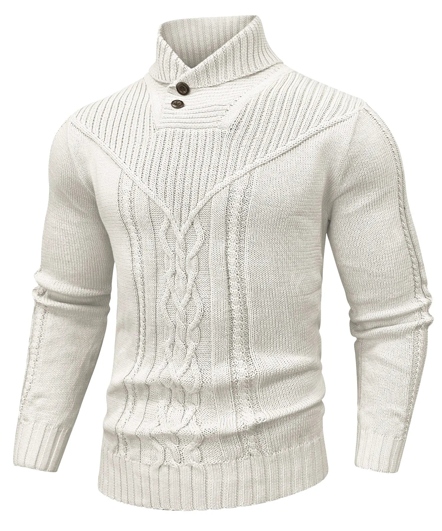 Cream cable knit unisex sweater with high-neck ribbed collar and decorative button closure