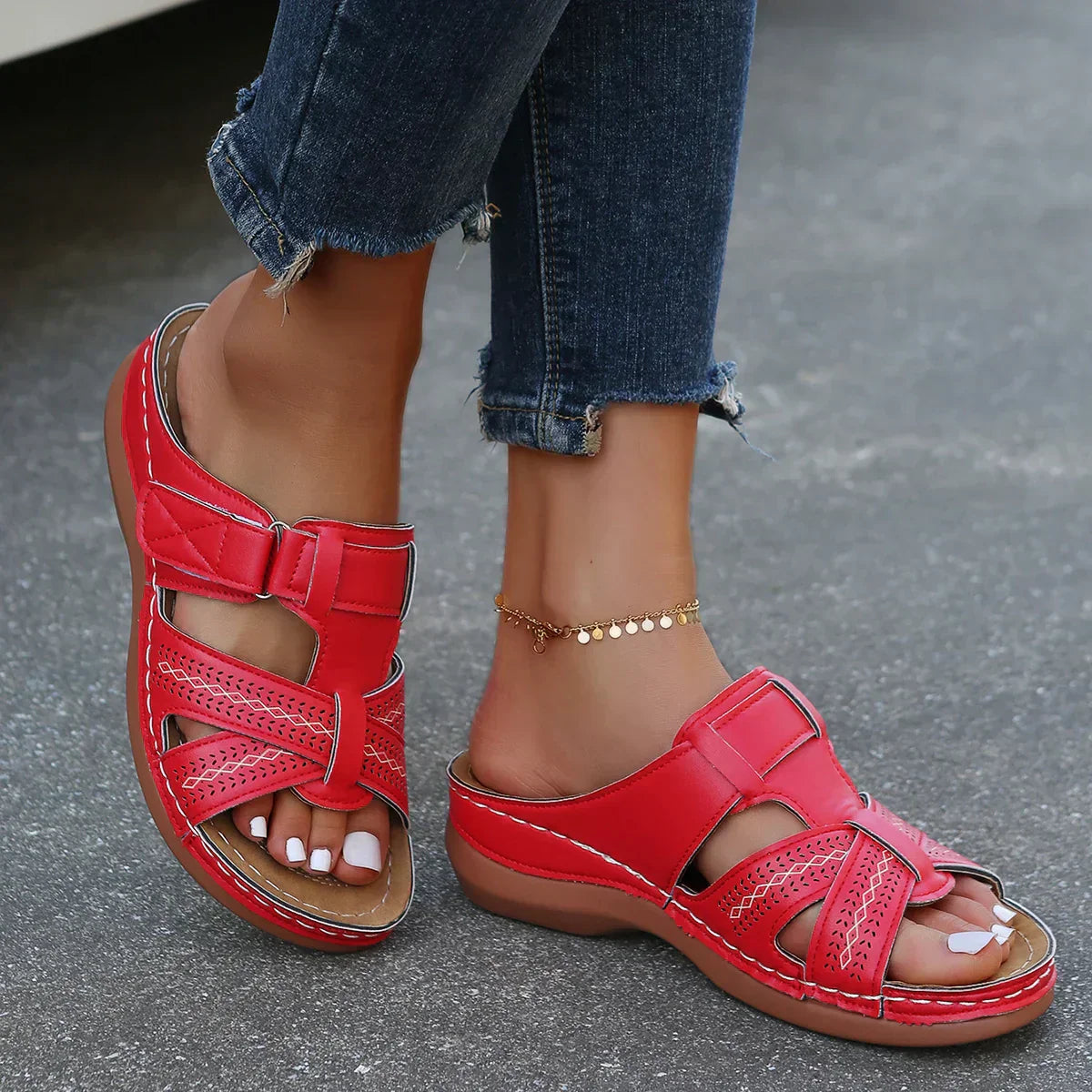 Women's lace-up sandals with velcro adjustable crossed straps, cut-out detailing, stable sole for all-day comfort