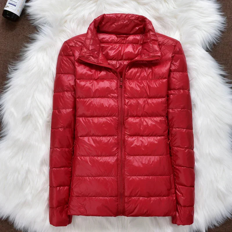Women's taupe ultralight long packable down jacket with hood, travel-ready everyday warmth