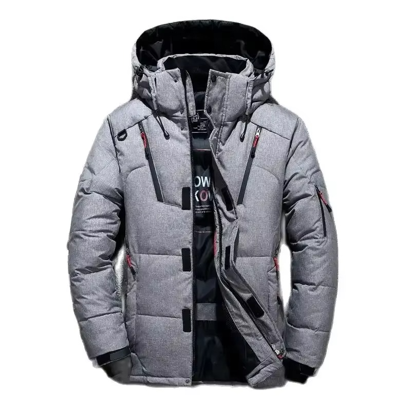 Men's white duck down hooded parka, weatherproof shell, extreme cold -20F slim winter coat