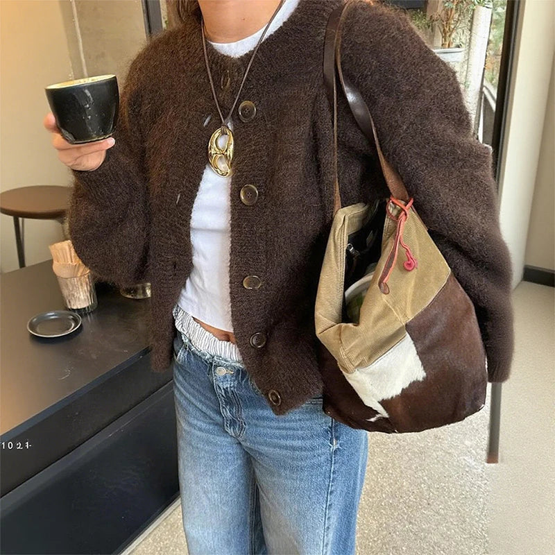 Amy wool-mohair blend button-up cardigan waist-length knit with multi-tone buttons cozy everyday layer