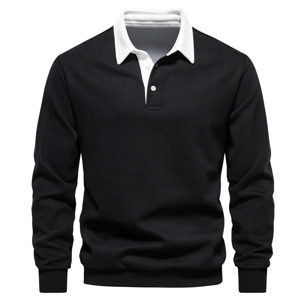 Navy cotton knit polo pullover with heritage collar and crisp white contrast trim for smart-casual style