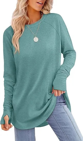 Women's relaxed fit tunic top in soft cotton blend with thumb hole cuffs for everyday comfort