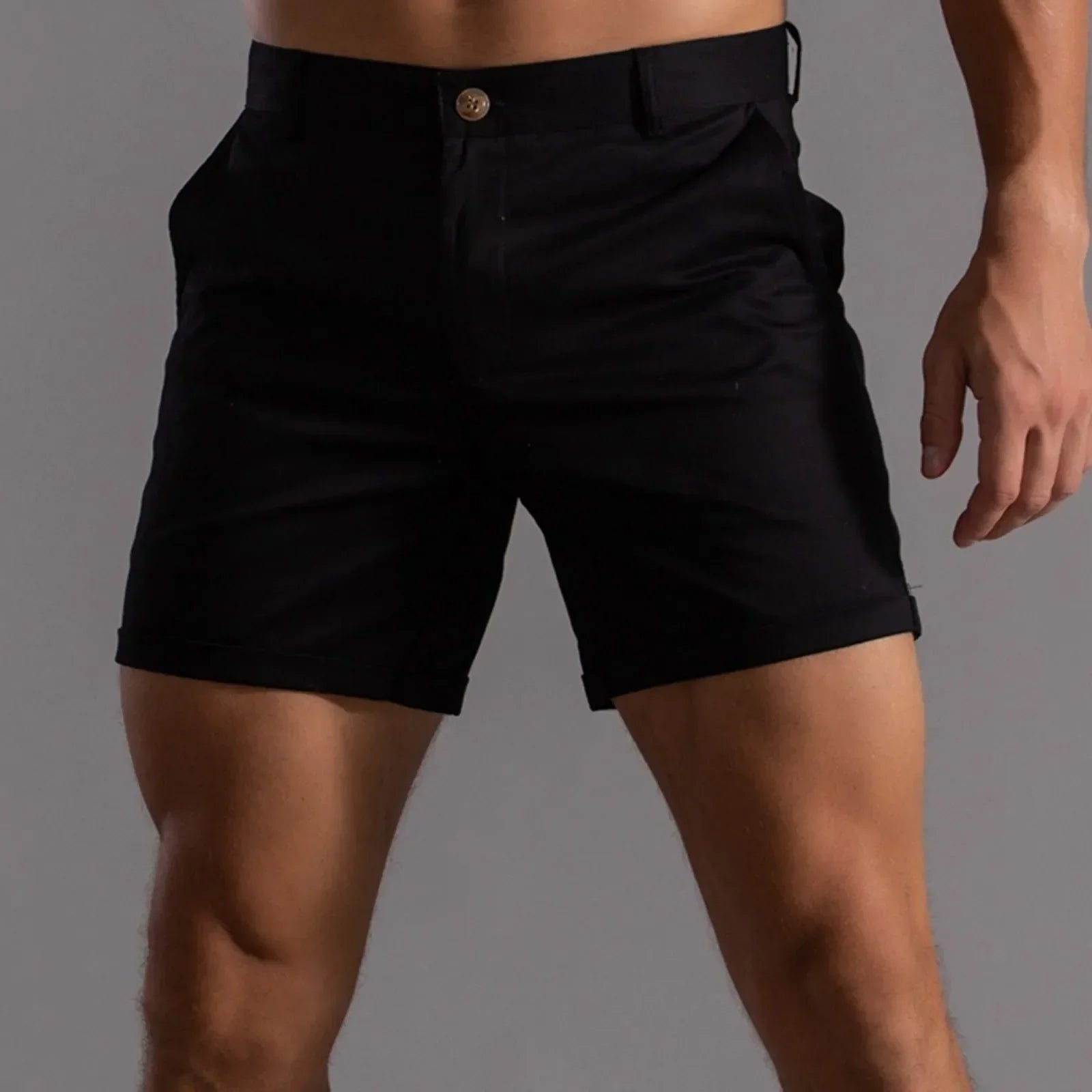 Men's mid-length tailored stretch shorts in neutral tone with semi-elastic waistband for all-day comfort