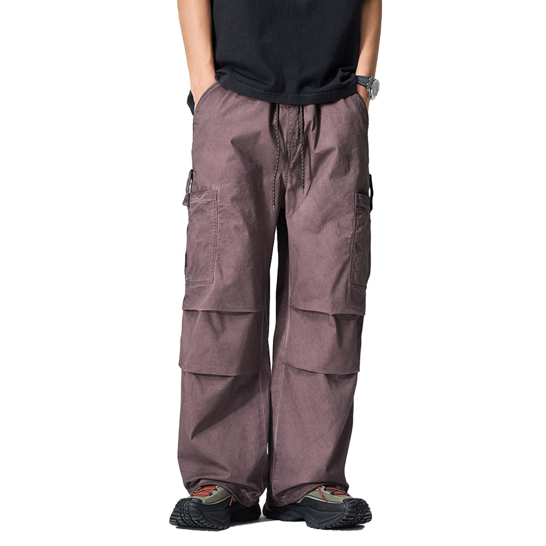 Men's lightweight cotton cargo trousers relaxed fit with elastic drawstring waist and multi-pocket
