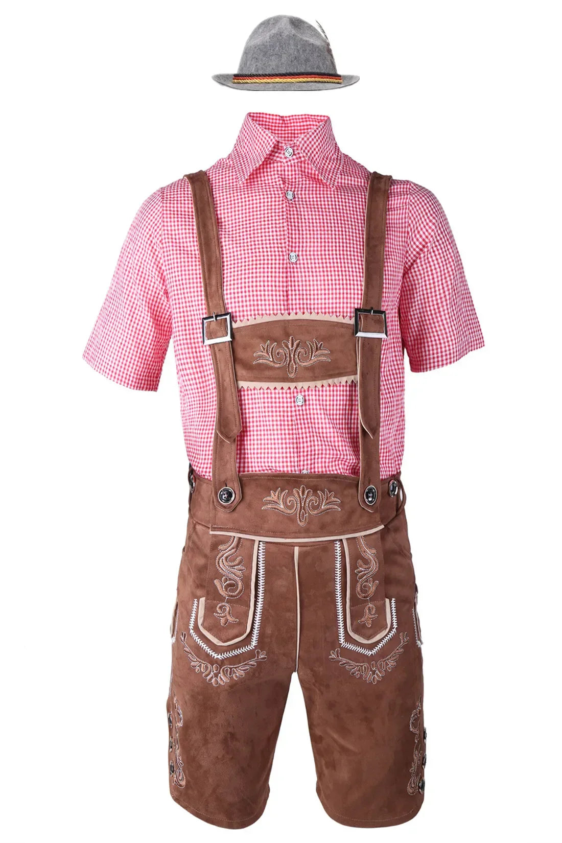Men's brown suede-like embroidered Lederhosen set with traditional Bavarian shirt and hat included