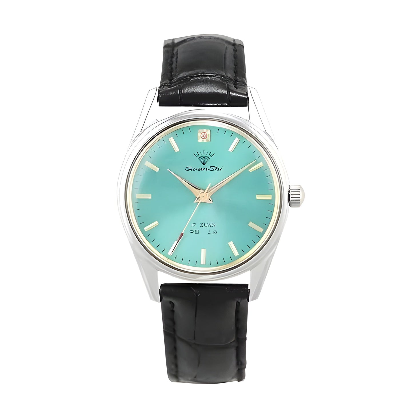 Diamond mechanical watch aqua sunburst dial gold-tone markers polished stainless steel professional timepiece