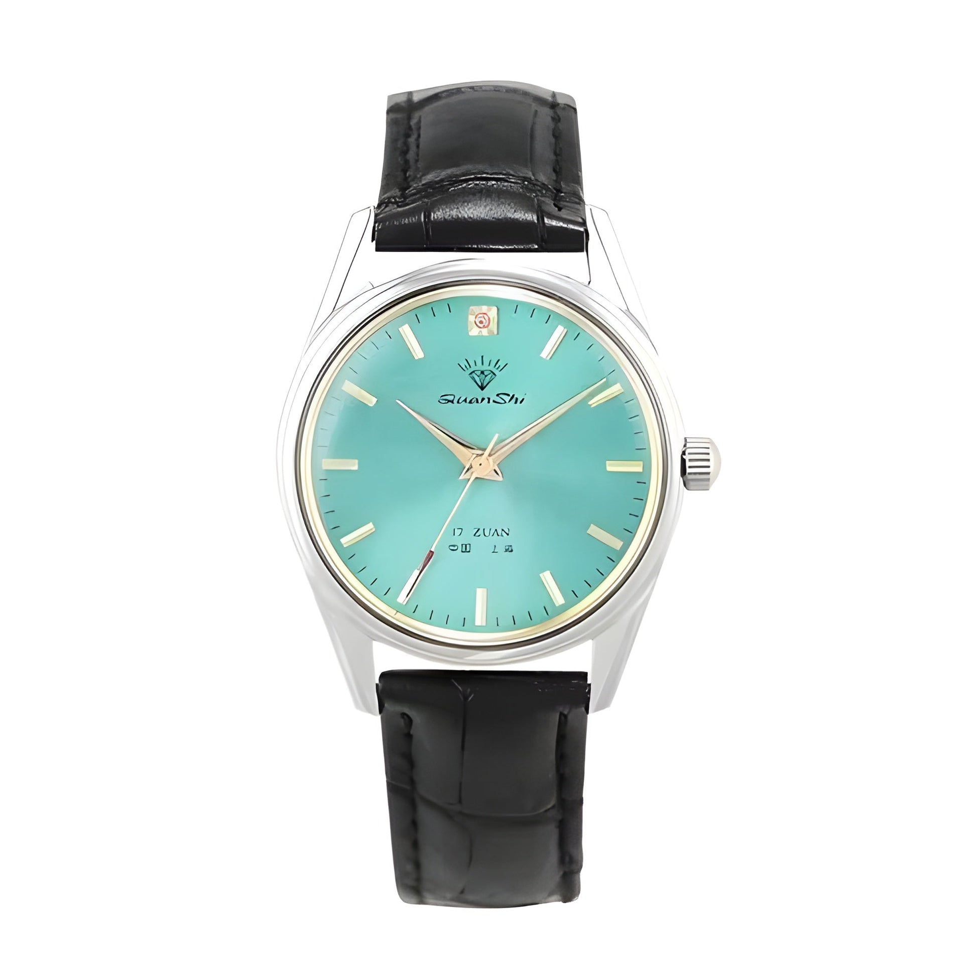 Diamond mechanical watch aqua sunburst dial gold-tone markers polished stainless steel professional timepiece