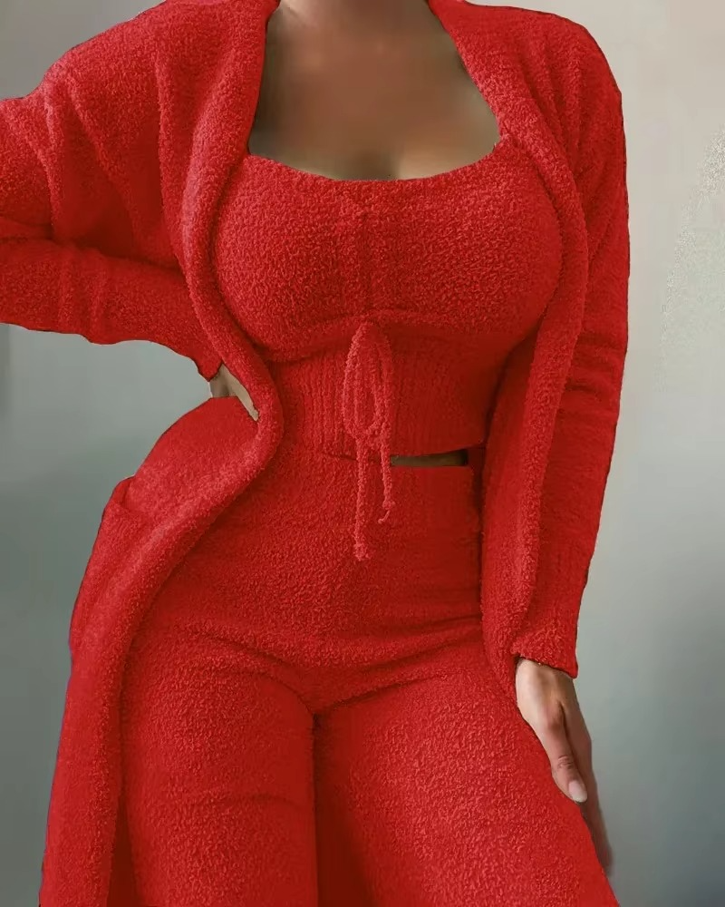 Women's 3-piece plush pajama set cozy crop top pants coat soft luxurious loungewear nightwear