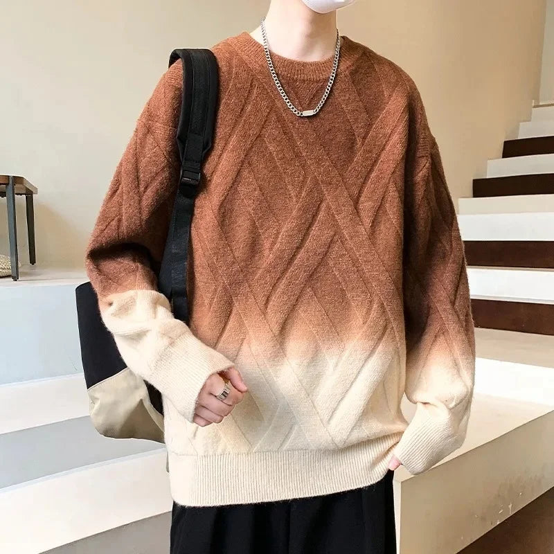 Gradient ombre knit sweater with deep-to-neutral fade and geometric textured pattern for a modern look