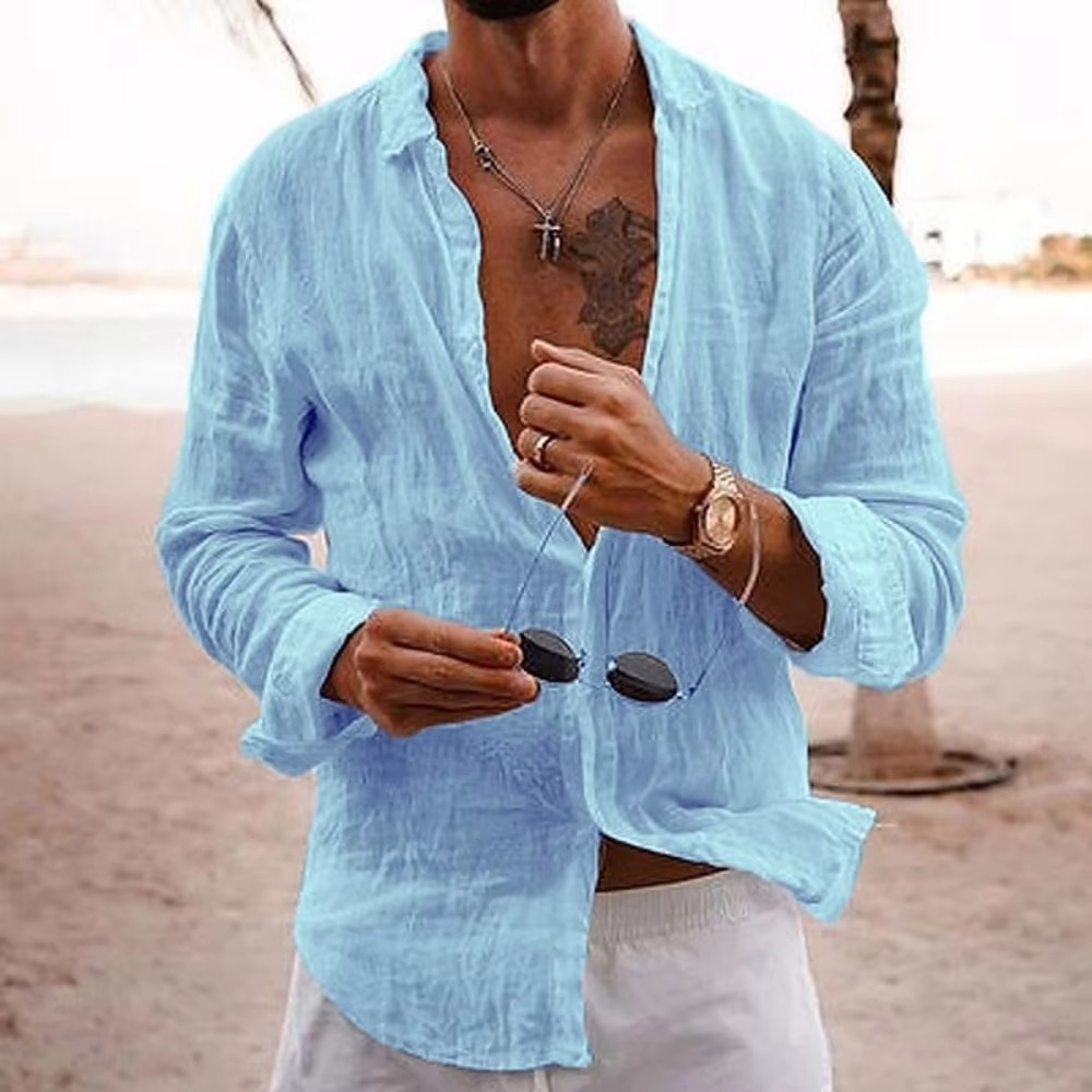 Men's cotton linen relaxed-fit casual shirt, breathable lightweight fabric for everyday and vacation wear