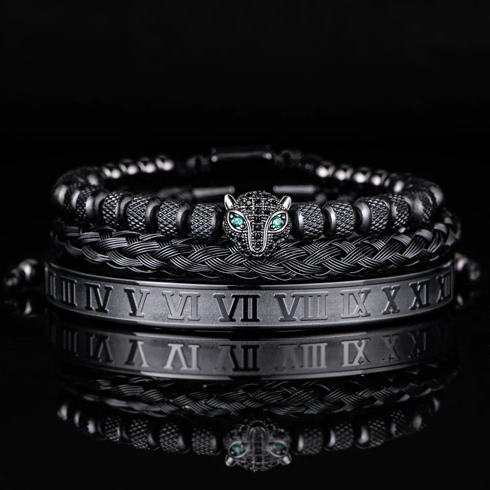 Women's crystal beaded panther charm bracelet set with braided cuff duo, bold coordinated style
