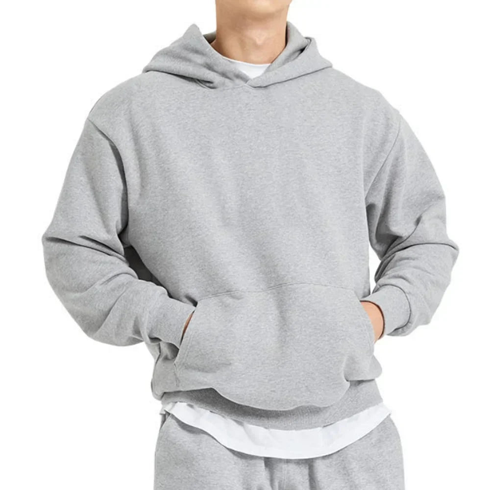 Men's loose fit casual cotton hoodie sweatshirt in neutral tone, breathable everyday comfort