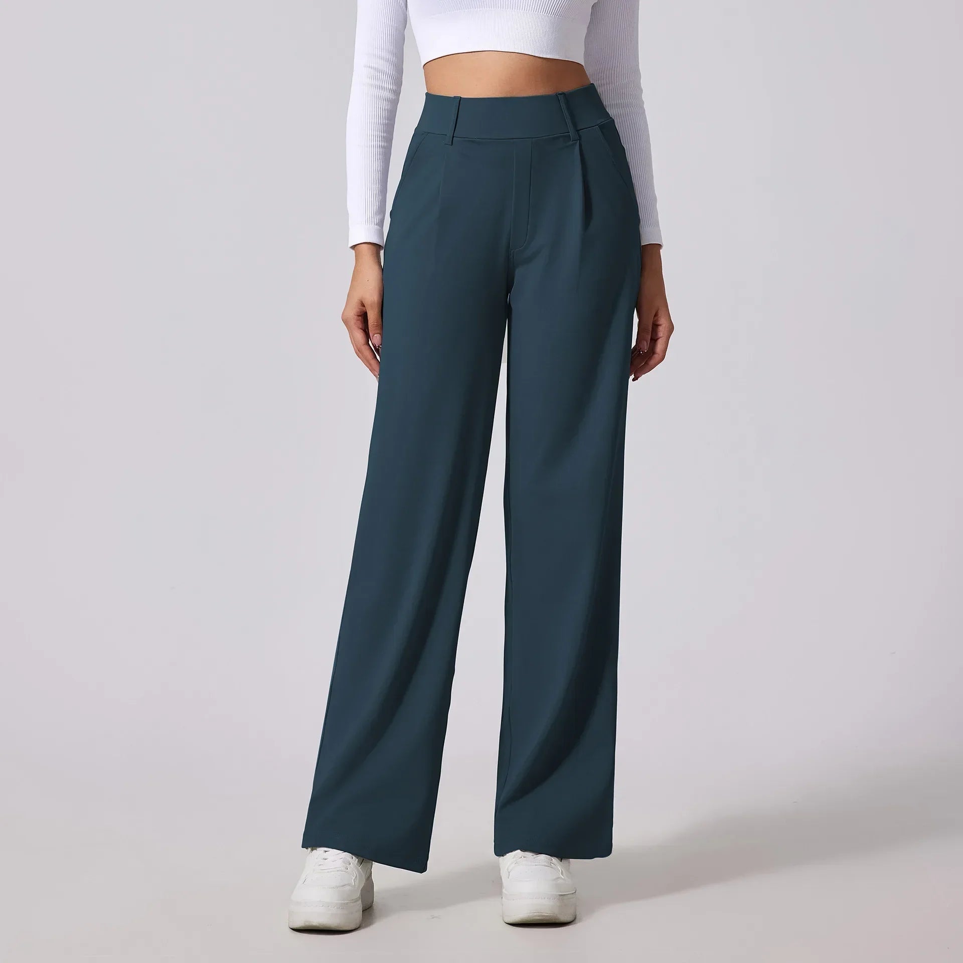 Women's high-waist tailored slacks sculpting fit fluid drape professional trousers mono line silhouette