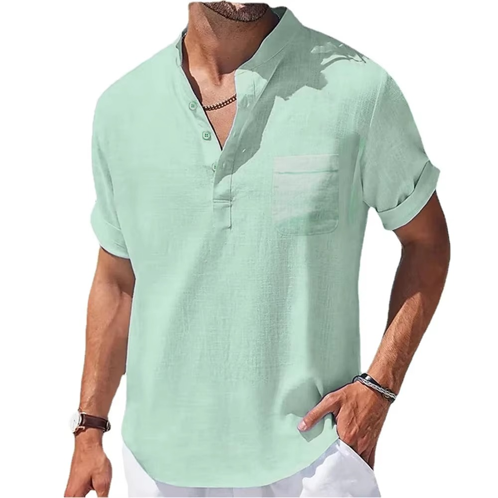 Men's navy cotton linen Henley shirt short sleeve relaxed fit breathable lightweight casual travel top