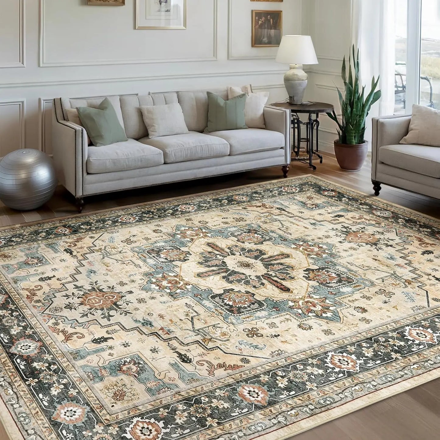 Blue white Persian geometric floral non-slip area rug with elegant traditional pattern for living room