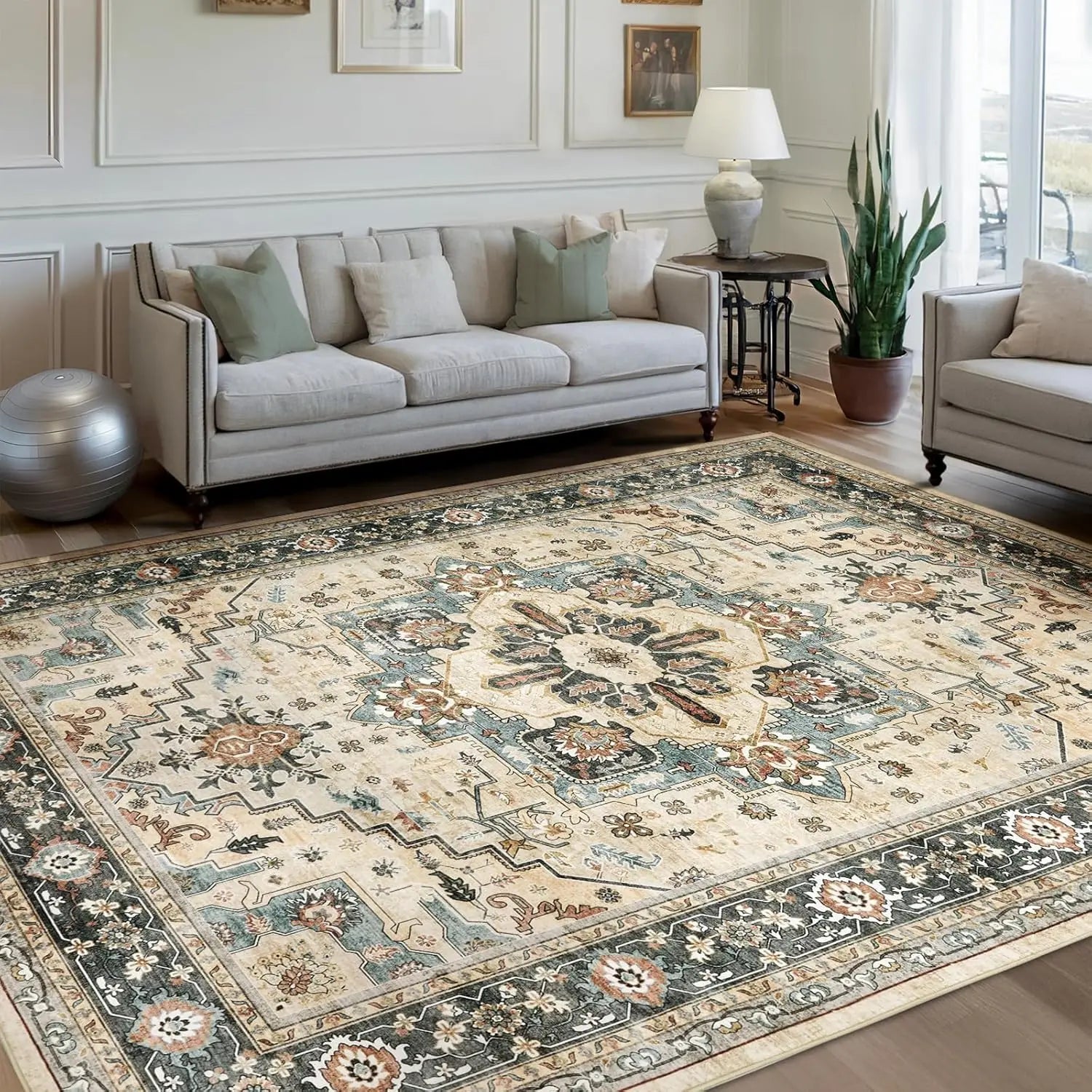 Blue white Persian geometric floral non-slip area rug with elegant traditional pattern for living room