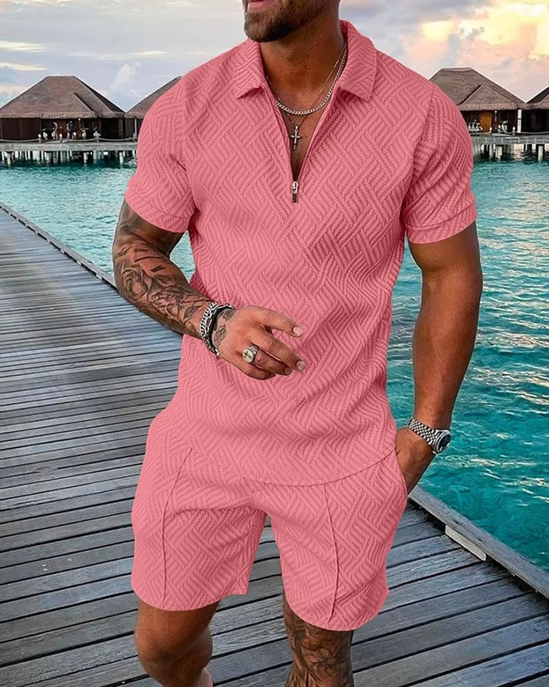 Men's blue Hawaiian matching polo shorts set with 3D printed tropical streetwear pattern bold summer outfit