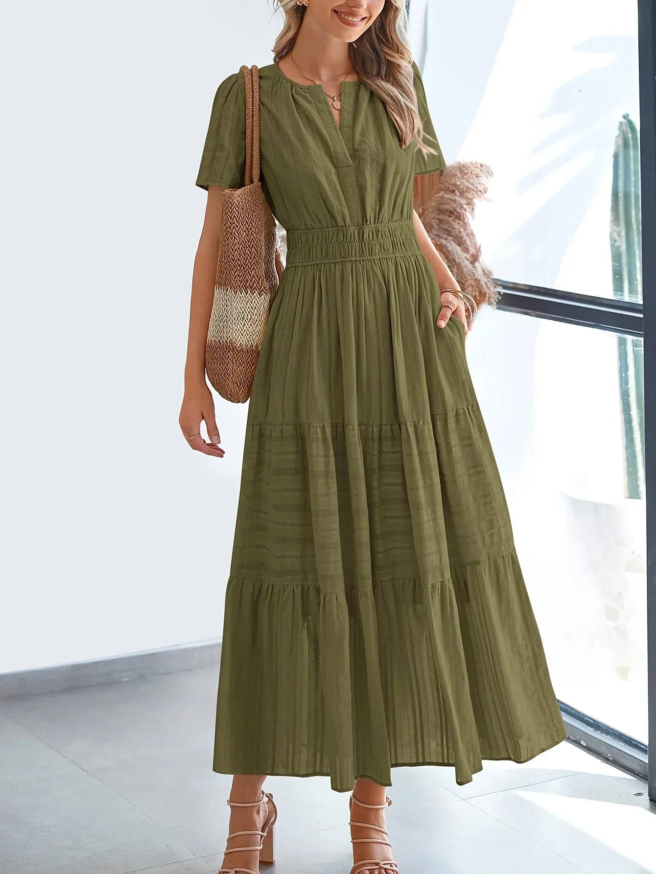 Nevaeh modest maxi dress women breathable floor-length short sleeves V-slit neckline effortless chic