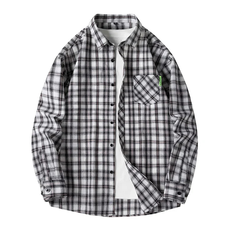 Men's oversized plaid flannel shirt in classic fall tones, soft cotton blend with stretch