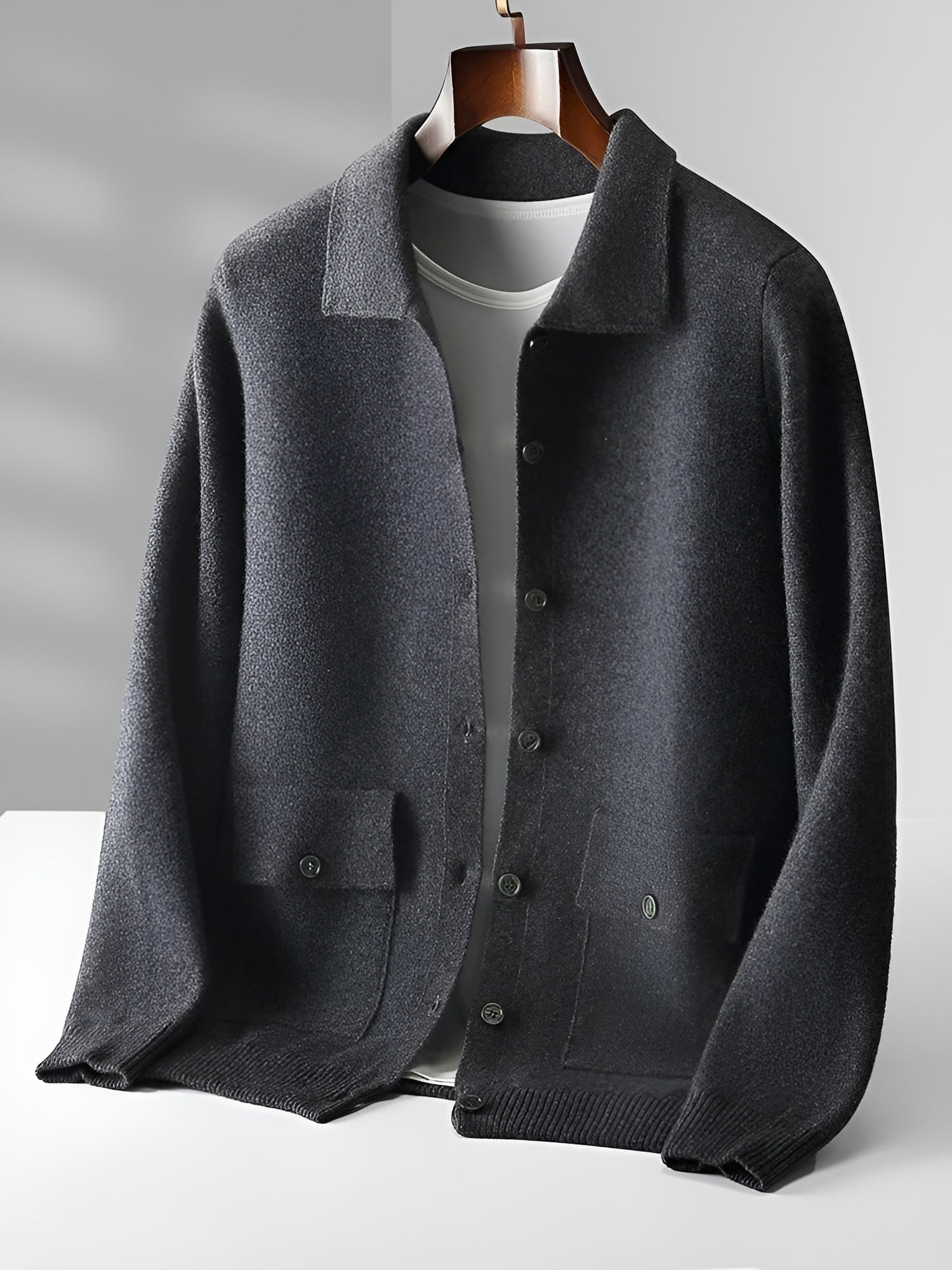 Men's merino wool jacket relaxed fit polo collar, warm breathable Australian wool premium outerwear