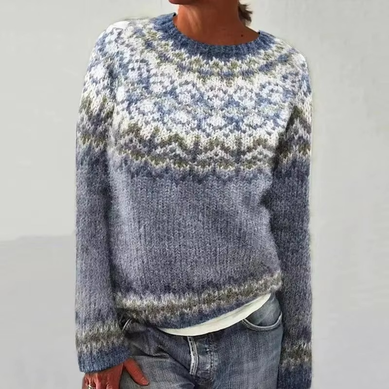 Color block loose fit women's knit top, round neck, full sleeves, relaxed silhouette
