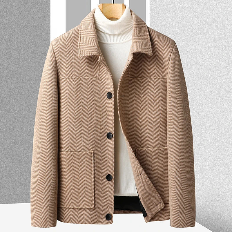 Men's herringbone short coat tailored fit lightweight with patch pockets and turndown collar