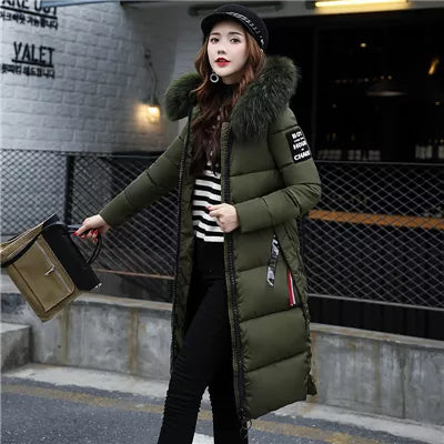 Women's long winter coat fur collar full-length tailored silhouette sustainable luxurious warmth