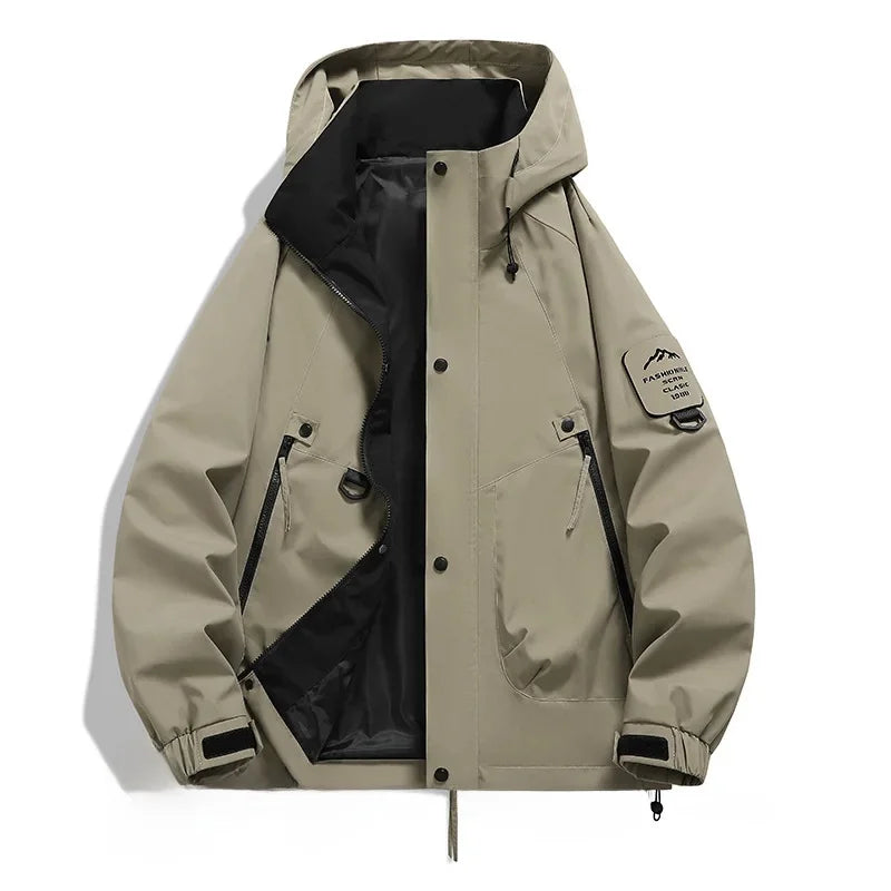 Unisex half-zip hooded ski jacket in neutral tones, modern cold-weather coat for men and women