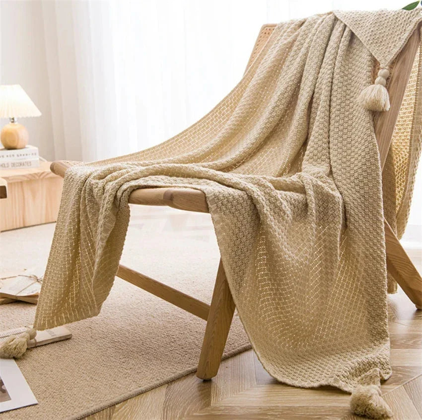 Cream Nordic handknit throw blanket ultra-soft breathable tassel-trimmed cozy bed couch accent