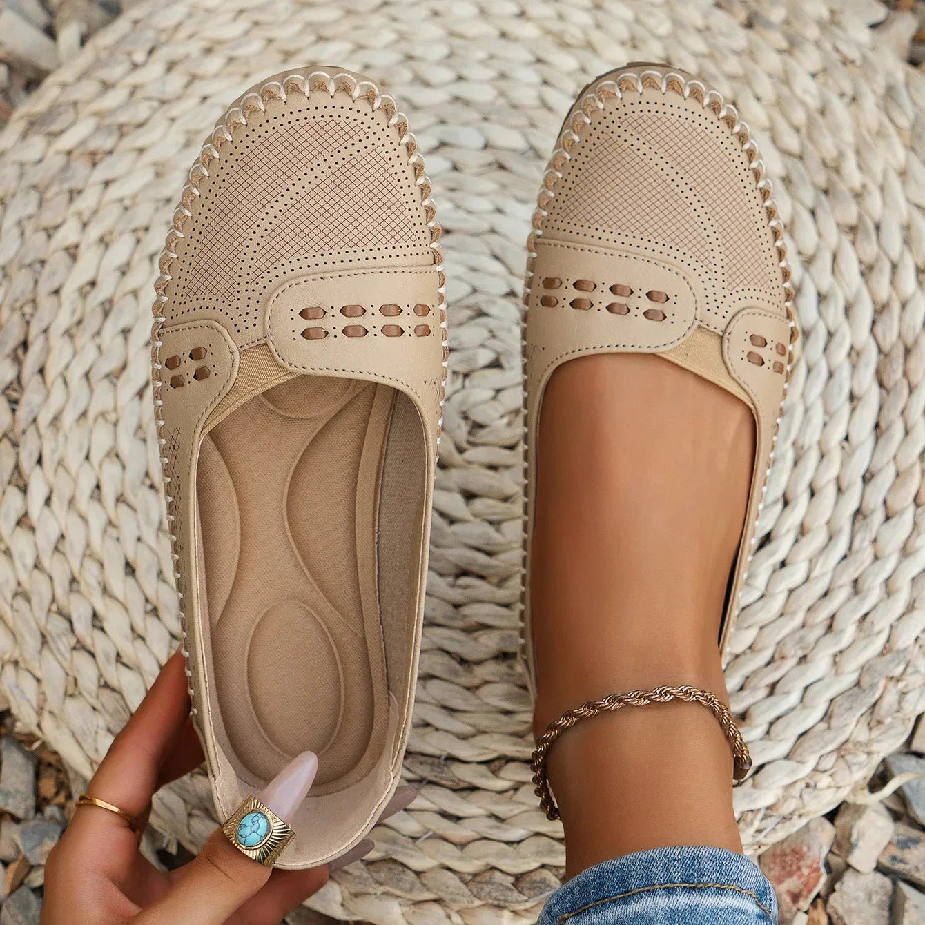 Women's beige PU leather lightweight loafers with cushioned insole and timeless silhouette
