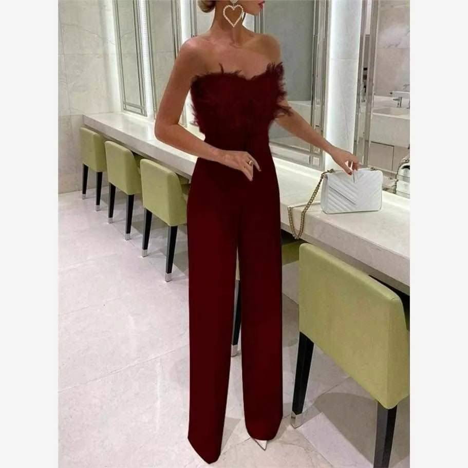 Black feather jumpsuit bare shoulder cinched waist diamond embellished wide leg party style